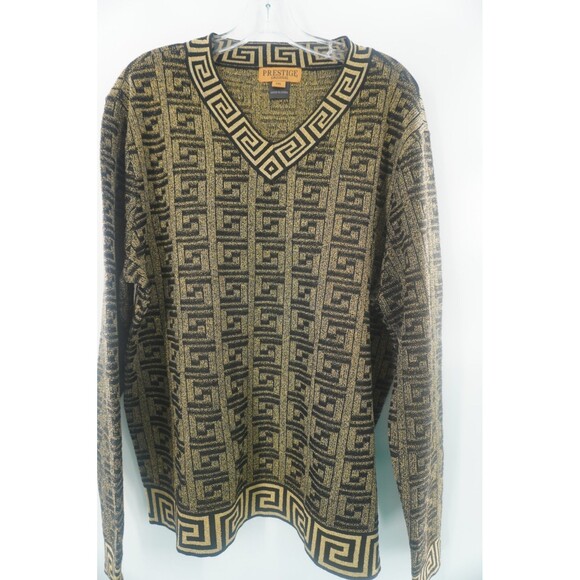 Prestige Black Gold Metallic Greek Key Geometric V-Neck Cardigan Sweater Sz 2XL - Picture 6 of 12